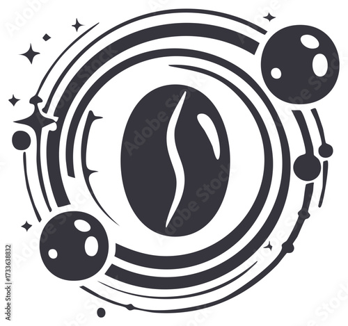 Coffee bean surrounded by orbital elements, cosmos.