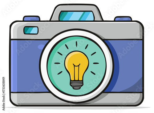 Camera with a lit light bulb symbolizing creativity and innovation