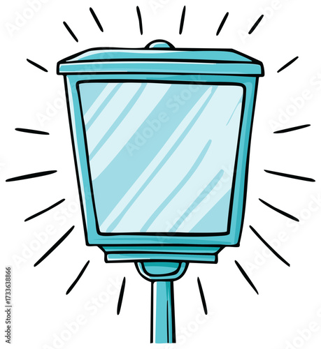 Cartoon style illustrated teal street lamp with beaming light elements.