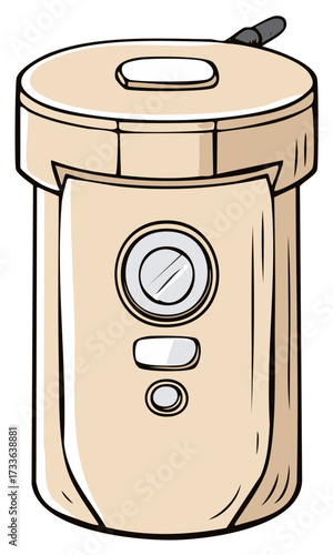 Illustration of a cream colored portable device with circular and oblong button details