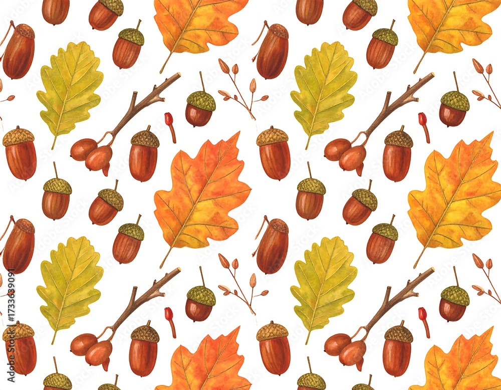 Obraz premium Watercolor-style autumn pattern oak leaves, acorns, and twigs