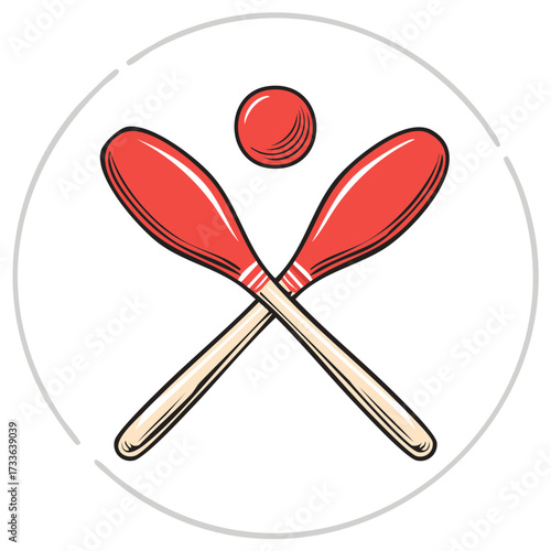 Red Clubs and Ball for Juggling Sport Equipment Isolated Inside Circle Icon