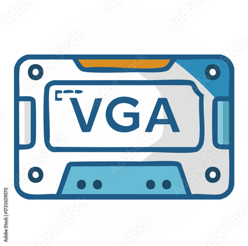 Isolated cartoon illustration of a retro VGA video graphics array port connector for computer hardware