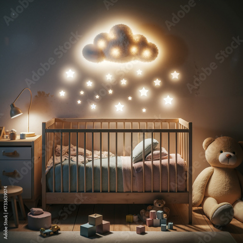 Cozy nursery with crib, teddy bear, and starry cloud lights  