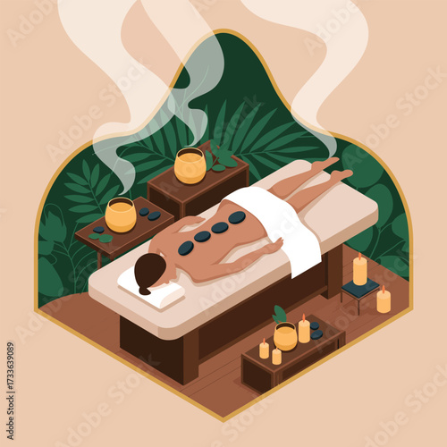 Woman receiving hot stone massage in a tropical spa setting with steam therapy relaxation