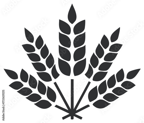 Stylized sheaf of five wheat stalks icon, a vector symbol for agriculture, harvest, and baking