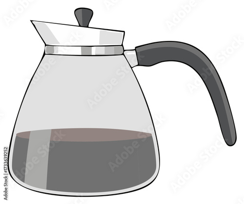 Illustration of a transparent glass coffee pot filled with dark brewed coffee, a morning beverage