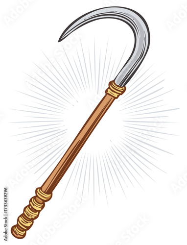Traditional Sickle Hand Tool with Curved Metal Blade and Ornate Wooden Grip