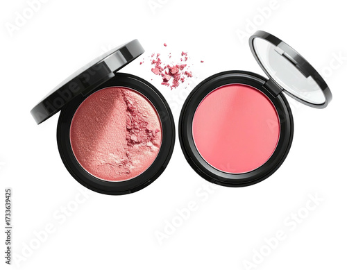 Two opened makeup compacts with rosy blush and loose powder on a black backdrop