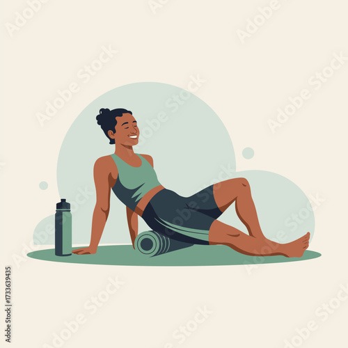 Woman Relaxing on Foam Roller After Workout with Water Bottle fitness exercise
