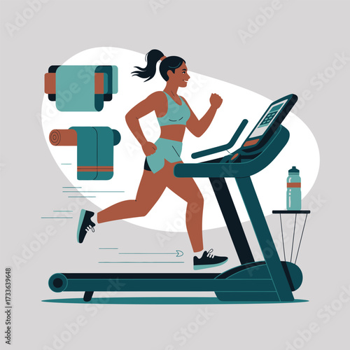 Woman running on treadmill in gym with workout accessories and equipment exercise