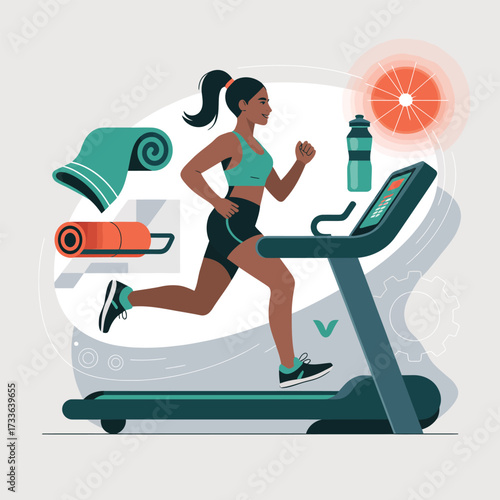 Woman Running on Treadmill with Fitness Equipment and Sun Icon exercise workout