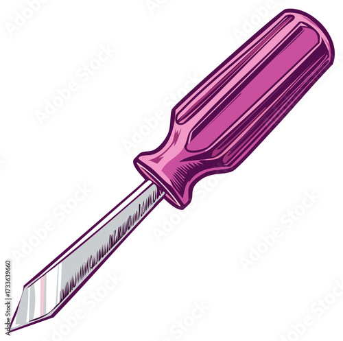 Detailed illustration of a pink screwdriver with a flathead tip, a tool for fastening and loosening screws.