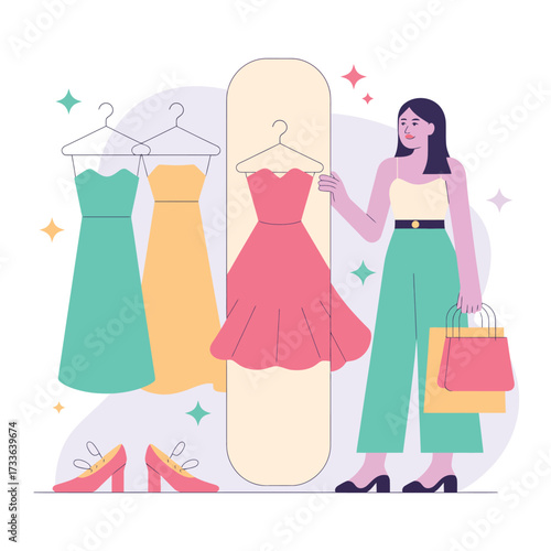 Woman Shopping for Dresses and Shoes with Shopping Bags fashion clothes