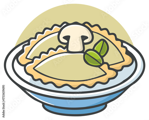 Deliciosos raviolis de champiñones y albahaca servidos en un plato azul