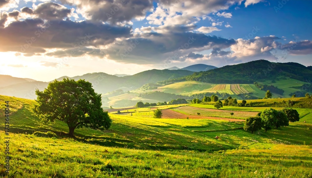 Fototapeta premium Lush mountain landscape at sunset