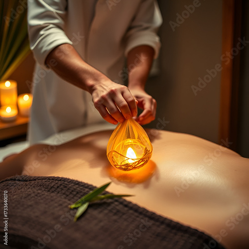 Wallpaper Mural Hot herbal ball spa massage body treatment, masseur gently compresses herb bag on man body. Tranquil and serenity of aromatherapy recreation in warm lighting of candles at spa salon. Quiescent Torontodigital.ca