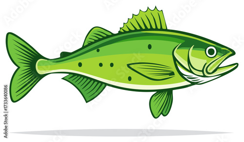 Green fish illustration in cartoon style swimming with open mouth graphic.