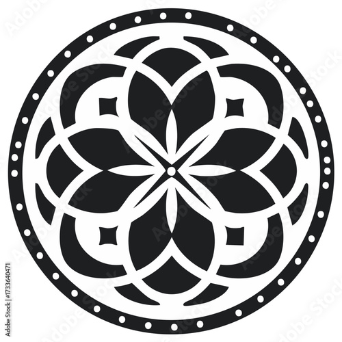 Ornate symmetrical circular design featuring intricate geometric and stylized floral patterns with a dotted edge