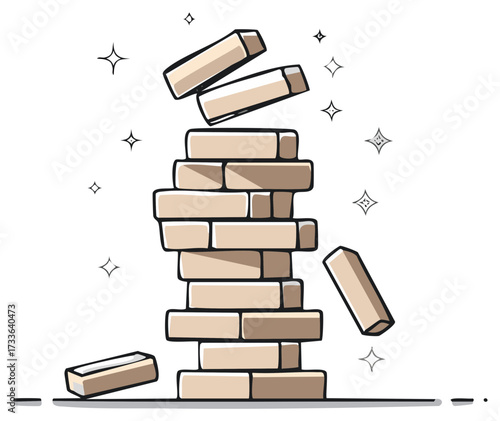 Wooden block tower collapsing toppling falling apart with sparkles showing instability and risk