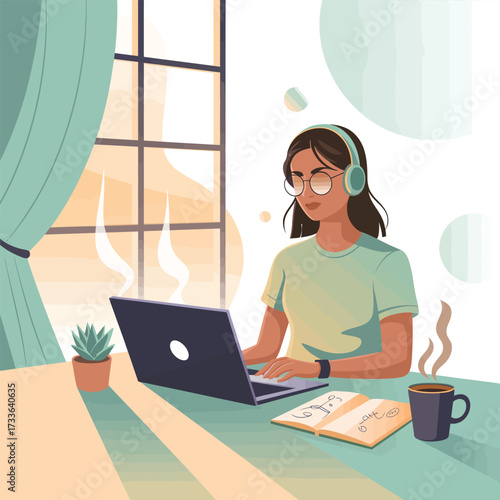 Woman wearing headphones working on a laptop at a desk with a plant and coffee graphic