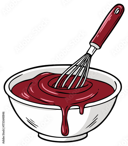 Cartoon whisk mixing sweet red batter or chocolate sauce in a white bowl with drips
