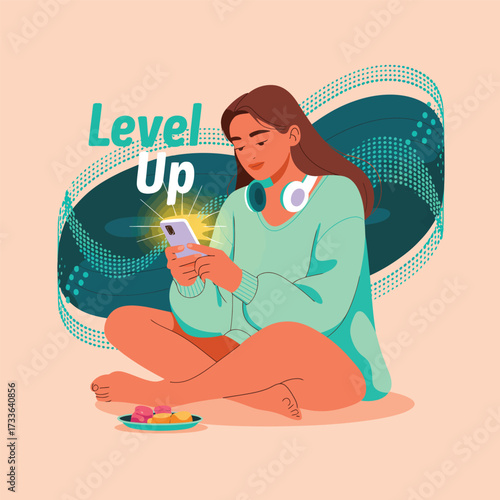 Woman with headphones playing game on phone with abstract circular background graphic