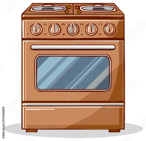 Brown kitchen range with stovetop burners and an oven cooking appliance illustration isolated