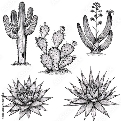 A detailed black and white illustration featuring five different types of cacti and succulents, showcasing their unique shapes and textures.