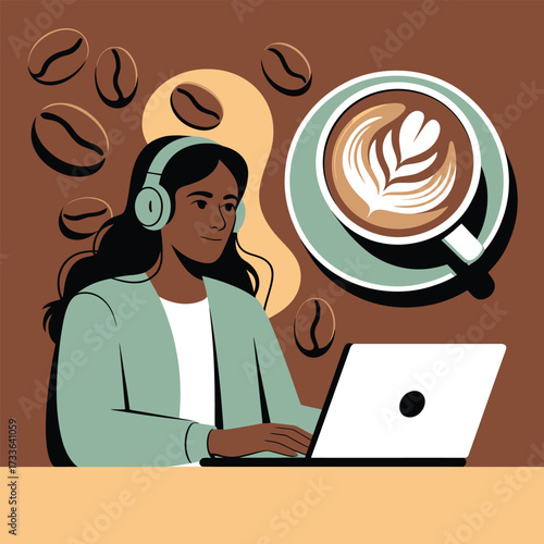 Woman with headphones working on laptop with coffee and coffee beans computer