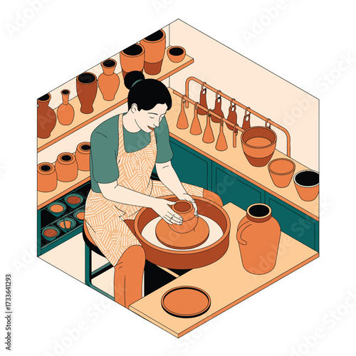 Woman working on a pottery wheel creating a vase in a studio ceramics craft