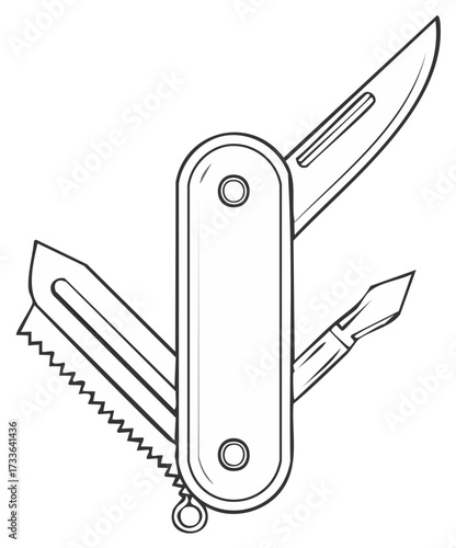 Line Art Illustration of Multi-tool Pocket Knife with Different Attachments