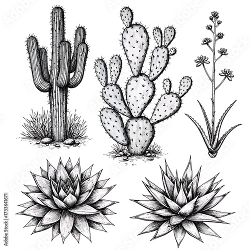 Black and white ink drawing of various desert plants including saguaro cactus, prickly pear, agave, and other succulent species.