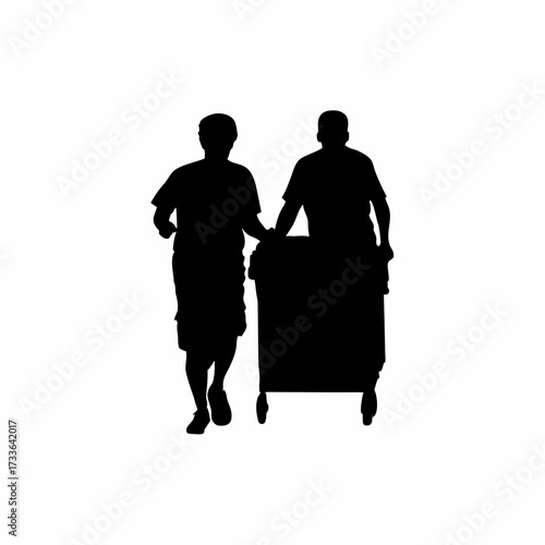 Silhouette of literacy workers running a mobile book cart isolated on white background