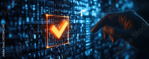 A hand interacts with a glowing checkmark on a digital screen, symbolizing validation in a data-driven environment.