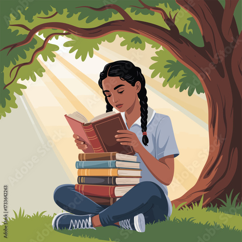 Young girl reading books under a tree with sunbeams child education