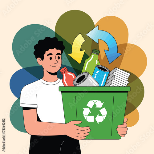 Young man holding a green recycling bin filled with recyclable materials trash waste