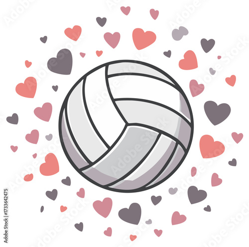 Stylized volleyball illustration surrounded by floating heart shapes
