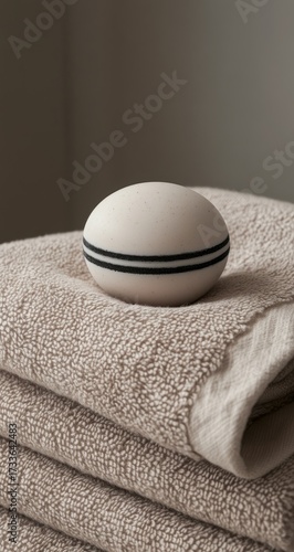 Striped ball on folded tan towels