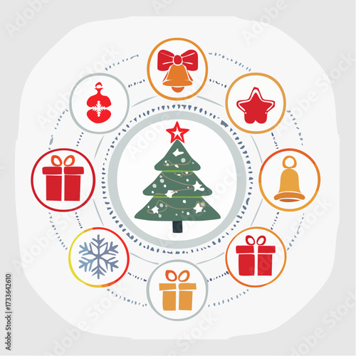 Festive circular arrangement of colorful Christmas holiday icons with a decorated tree at the center for seasonal celebration
