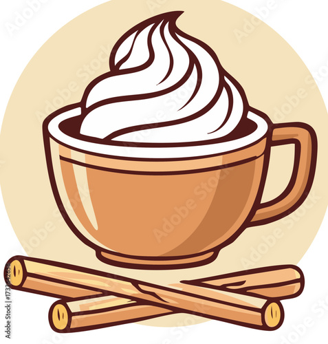 Illustration of Coffee Cup Topped with Cream and Cinnamon Sticks