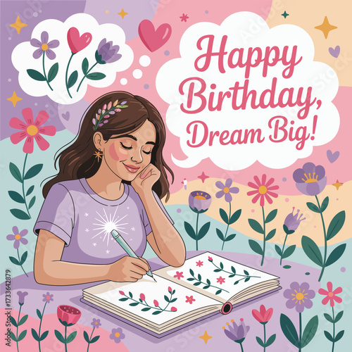 Young Woman Dreaming Big and Writing in a Journal Surrounded by Flowers and Hearts