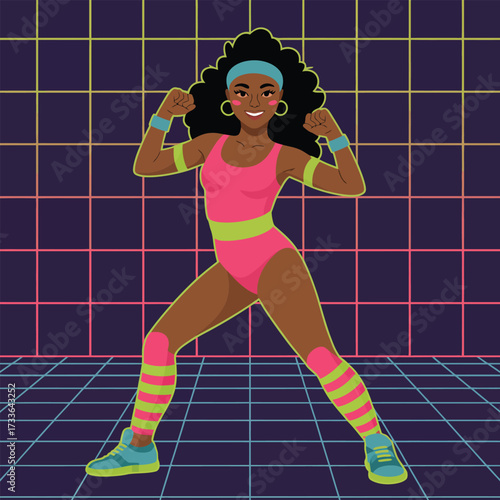 1980s Aerobics Instructor Woman Posing with Neon Grid Background retro vintage