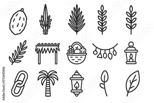 Outline vector icons representing Sukkot symbols and decorations  