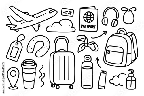 Travel essentials illustration including suitcase, passport, and coffee