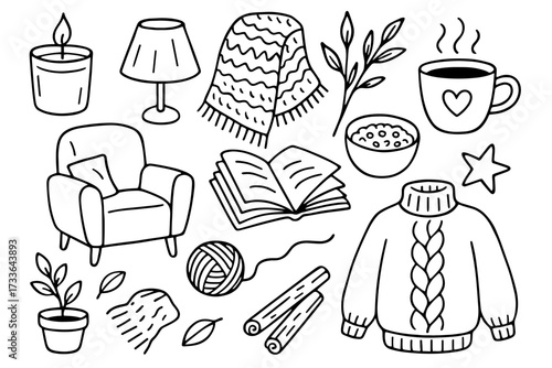 Cozy home illustrations featuring sweater, book, and warm drinks  