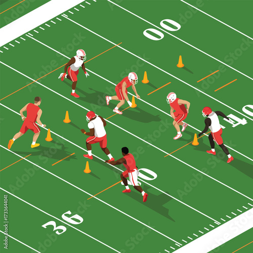 American Football Players Practicing Drills on a Green Field with Cones Keywords: american football, sport, athletes, players, practice, drills