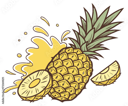 Fresh Pineapple with Slices, Rings, and Juice Splash Isolated on Transparent Background.