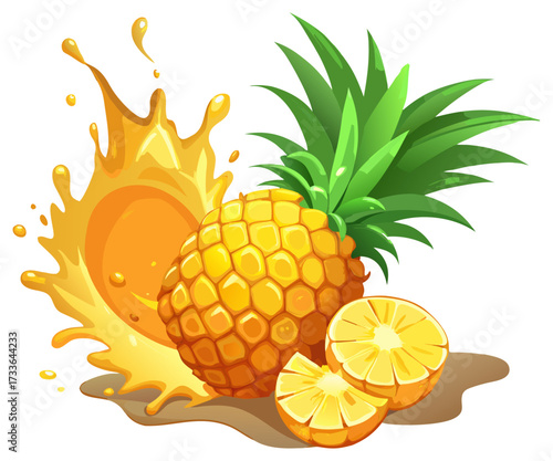 Fresh Pineapple with Slices, Rings, and Juice Splash Isolated on Transparent Background.