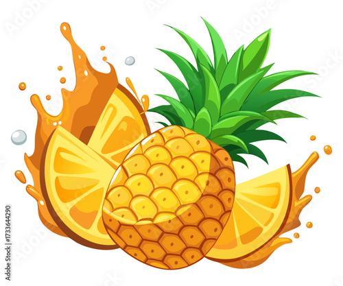 Fresh Pineapple with Slices, Rings, and Juice Splash Isolated on Transparent Background.